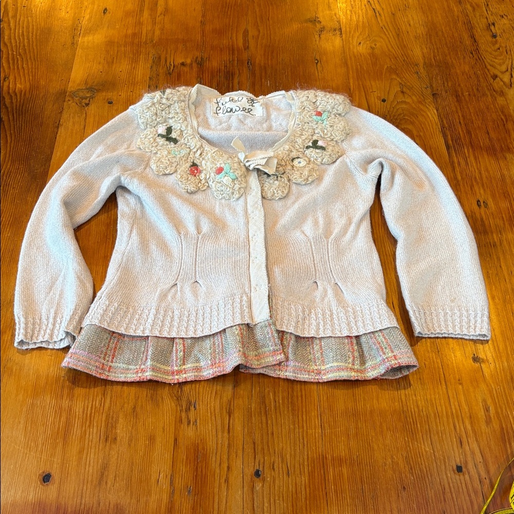 Anthropologie Field Flower Cardigan Sweater Size medium Button Peplum Hem cream - Picture 10 of 12